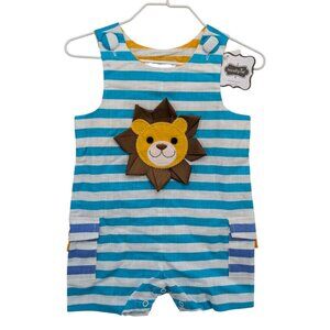 Mudpie Lion Shortall Baby Boys Blue White Striped Cotton Sleeveless Size 9-12 M